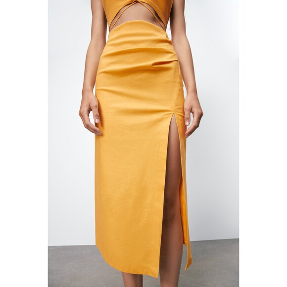 Yellow Zara Linen Blend Ruched Midi Skirt (NWT) - Picture 7 of 7
